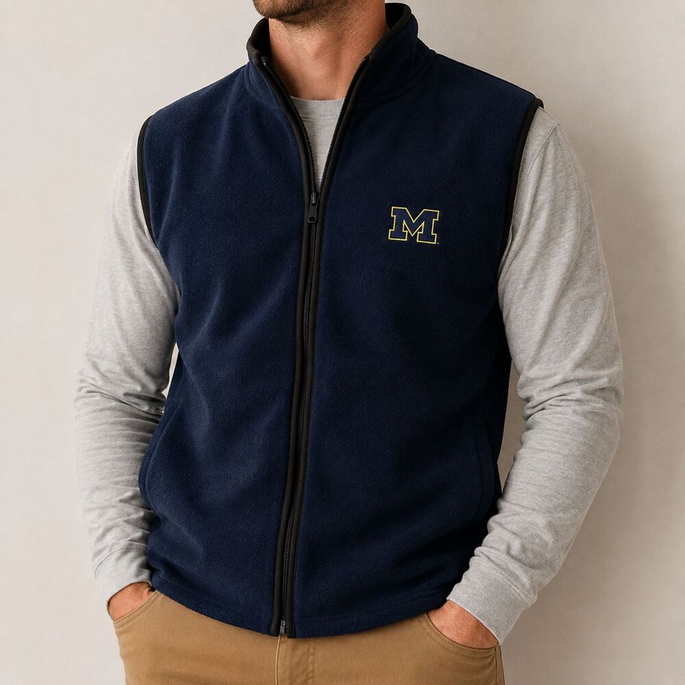 Michigan Wolverines Fleece Vest Mens XL Navy Full Zip Embroidered College